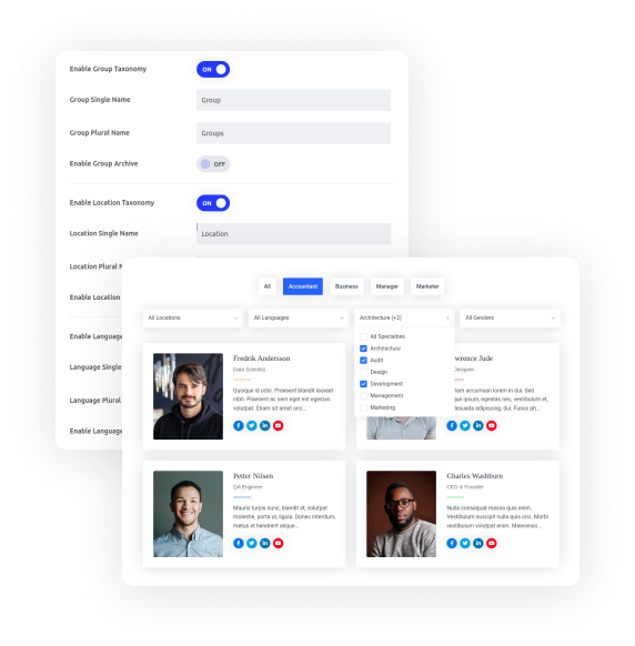 Live filter the team members with essential taxonomies