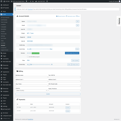 Account Page - WPS Team Plugin