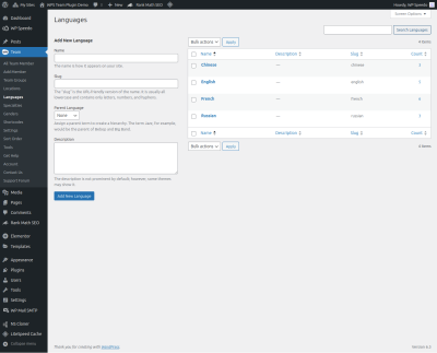 Languages Taxonomy - WordPress Team Plugin